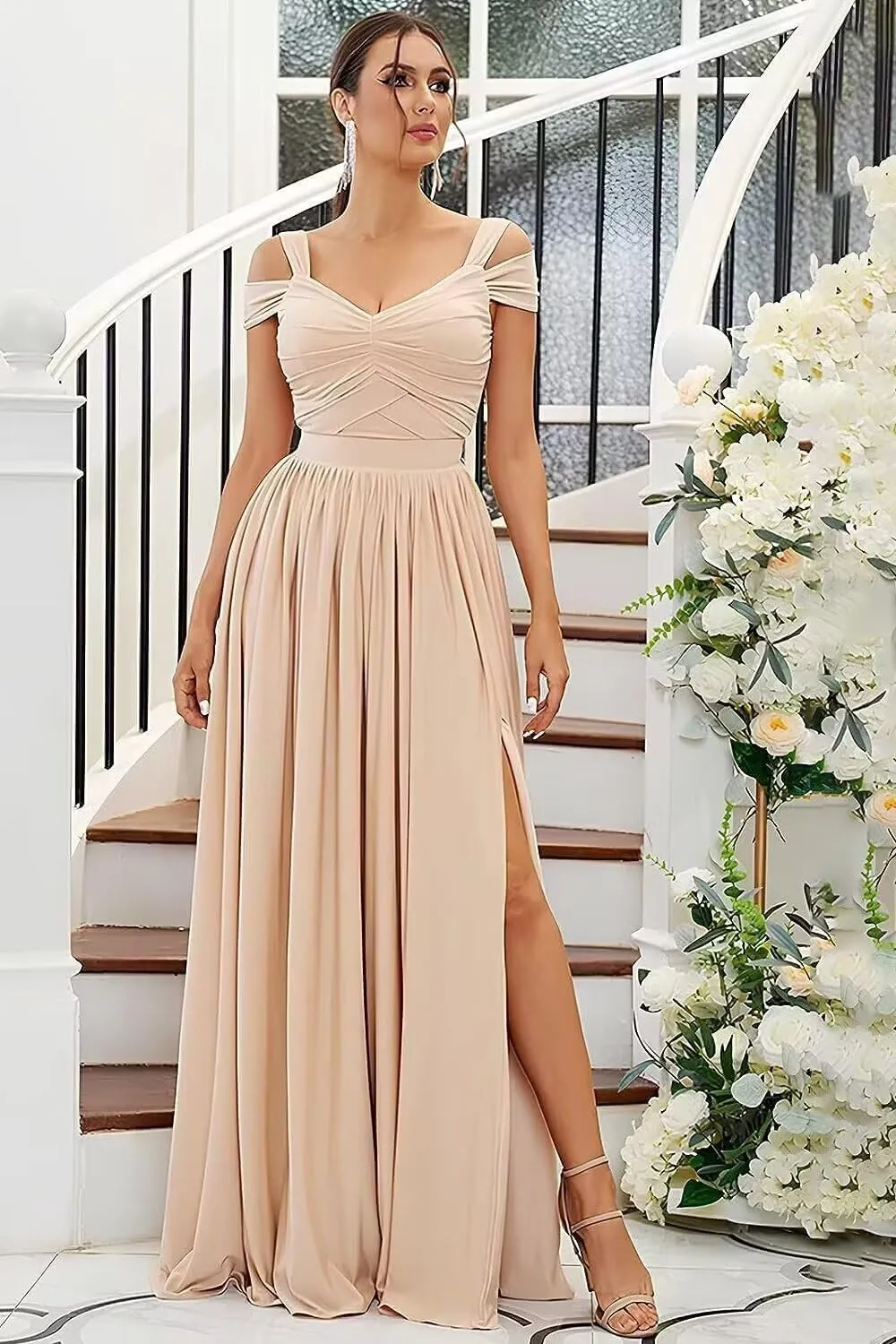 Women's Off Shoulder Bridesmaid Dress for Wedding Flowy Chiffon Ruched V-Neck Long Formal Evening Gown with Silt
