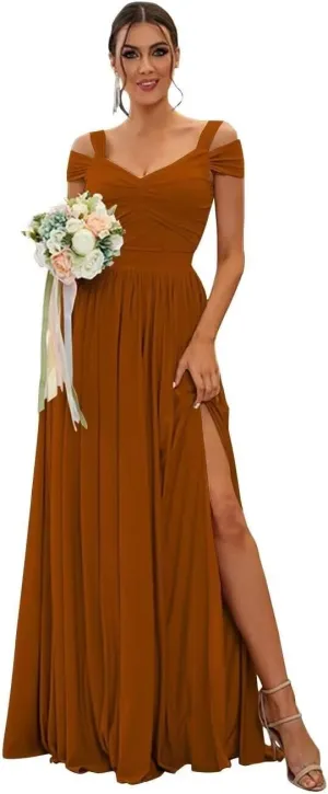 Women's Off Shoulder Bridesmaid Dress for Wedding Flowy Chiffon Ruched V-Neck Long Formal Evening Gown with Silt