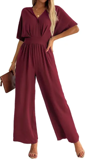 Women's One Piece Jumpsuits Dressy Casual V-Neck Batwing Short Sleeve Wide Leg Elegant Ladies Jumpsuit Rompers