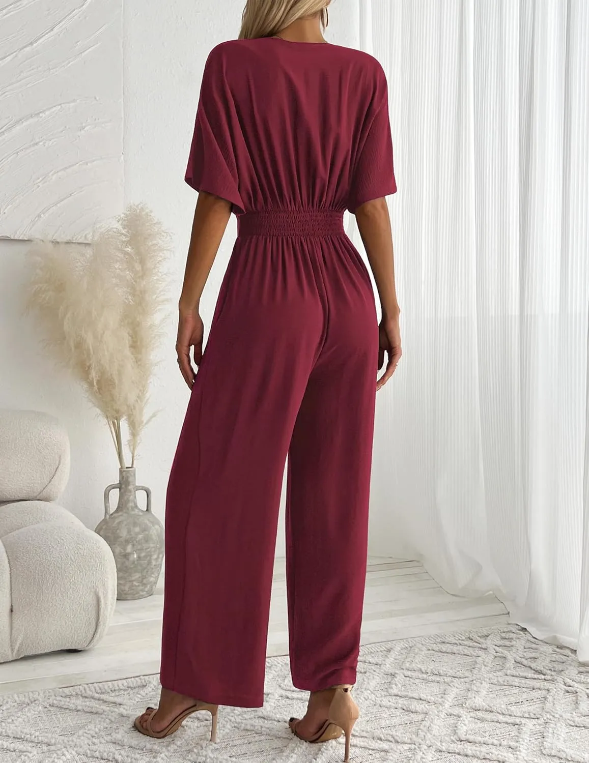 Women's One Piece Jumpsuits Dressy Casual V-Neck Batwing Short Sleeve Wide Leg Elegant Ladies Jumpsuit Rompers