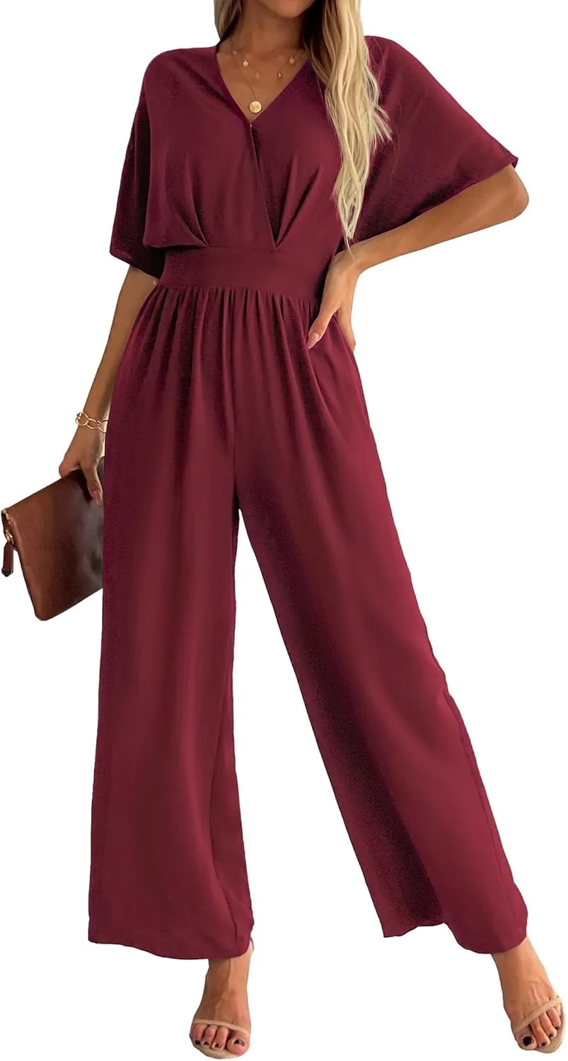 Women's One Piece Jumpsuits Dressy Casual V-Neck Batwing Short Sleeve Wide Leg Elegant Ladies Jumpsuit Rompers