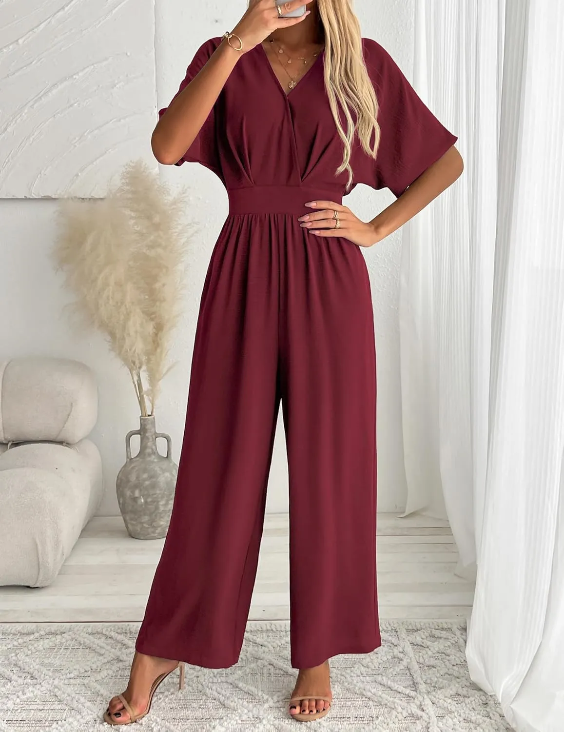 Women's One Piece Jumpsuits Dressy Casual V-Neck Batwing Short Sleeve Wide Leg Elegant Ladies Jumpsuit Rompers