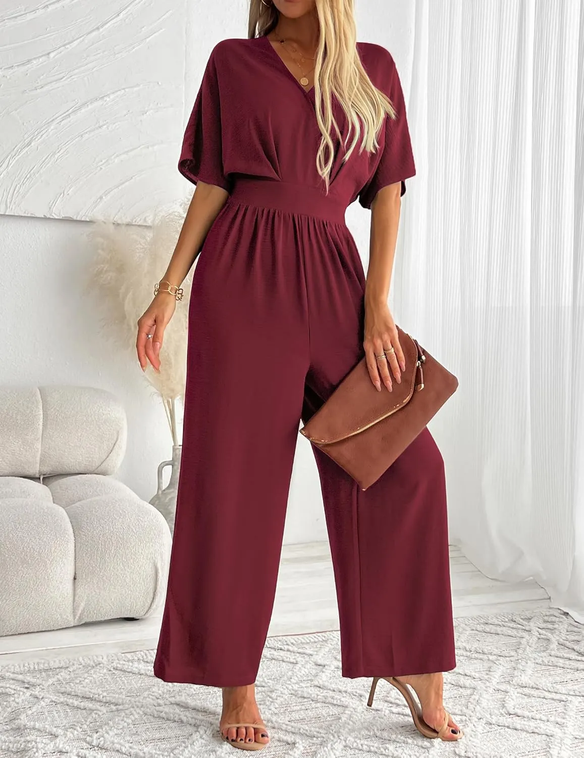 Women's One Piece Jumpsuits Dressy Casual V-Neck Batwing Short Sleeve Wide Leg Elegant Ladies Jumpsuit Rompers
