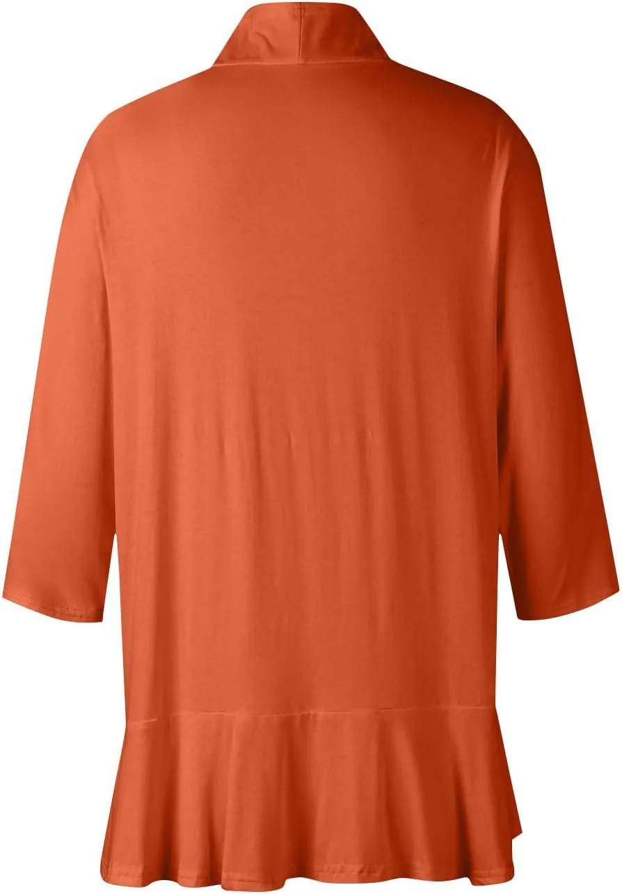 Women's Open Front Cardigan 3/4 Sleeve Draped Ruffles Soft Knit Shirts Cover Ups