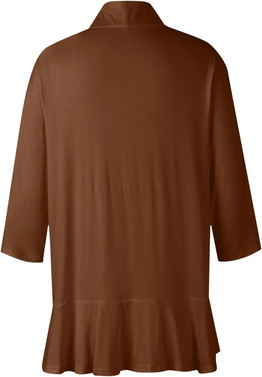 Women's Open Front Cardigan 3/4 Sleeve Draped Ruffles Soft Knit Shirts Cover Ups