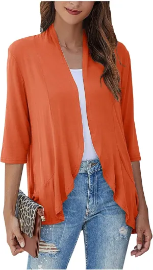 Women's Open Front Cardigan 3/4 Sleeve Draped Ruffles Soft Knit Shirts Cover Ups
