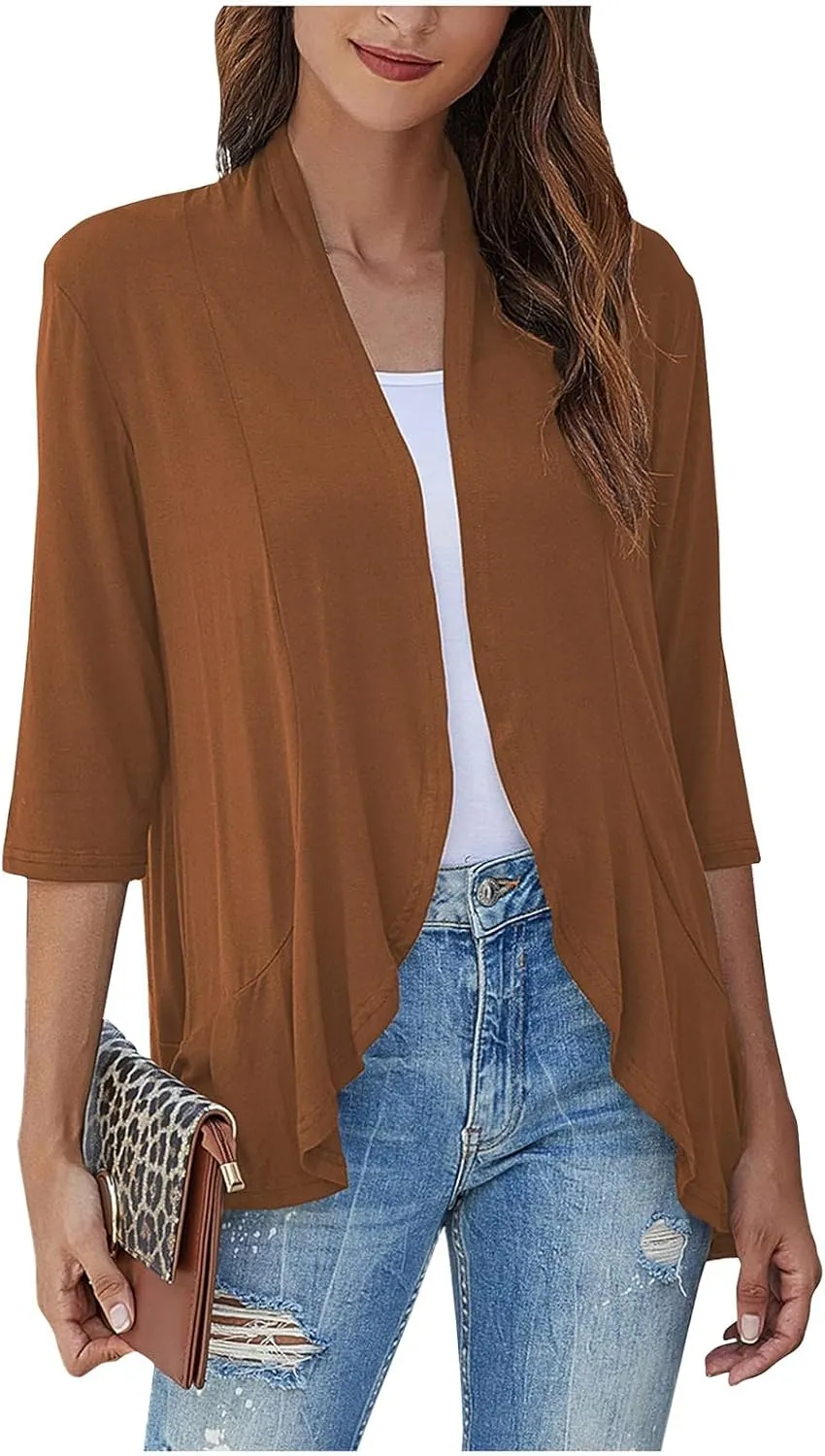 Women's Open Front Cardigan 3/4 Sleeve Draped Ruffles Soft Knit Shirts Cover Ups