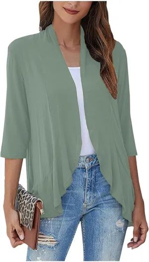 Women's Open Front Cardigan 3/4 Sleeve Draped Ruffles Soft Knit Shirts Cover Ups