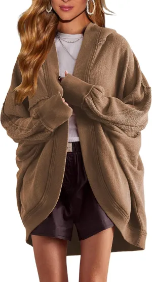 Womens Oversized Cardigan Hooded Open Front Sweatshirt Drop Shoulder Long Sleeve Fall Jackets Outwear