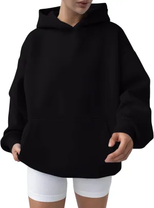 Womens Oversized Hoodie Fall Fashion 2024 Ribbed Cuffs Crewneck Sweatshirt Drop Shoulder Long Sleeve Tops With Pocket