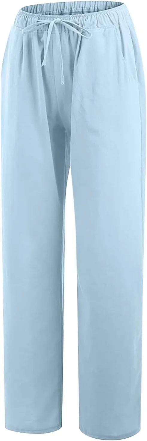 Women's Palazzo Pants Wide Leg Linen Pants Loose Flowy Pants High Waisted Summer Pants Trendy Trousers with Pockets