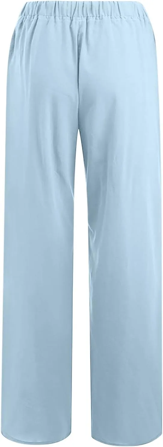 Women's Palazzo Pants Wide Leg Linen Pants Loose Flowy Pants High Waisted Summer Pants Trendy Trousers with Pockets