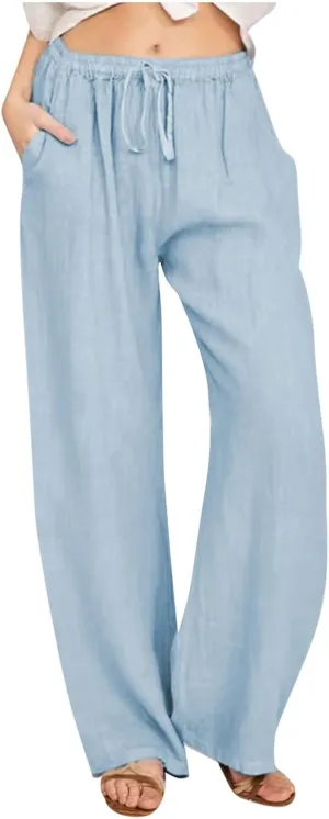 Women's Palazzo Pants Wide Leg Linen Pants Loose Flowy Pants High Waisted Summer Pants Trendy Trousers with Pockets