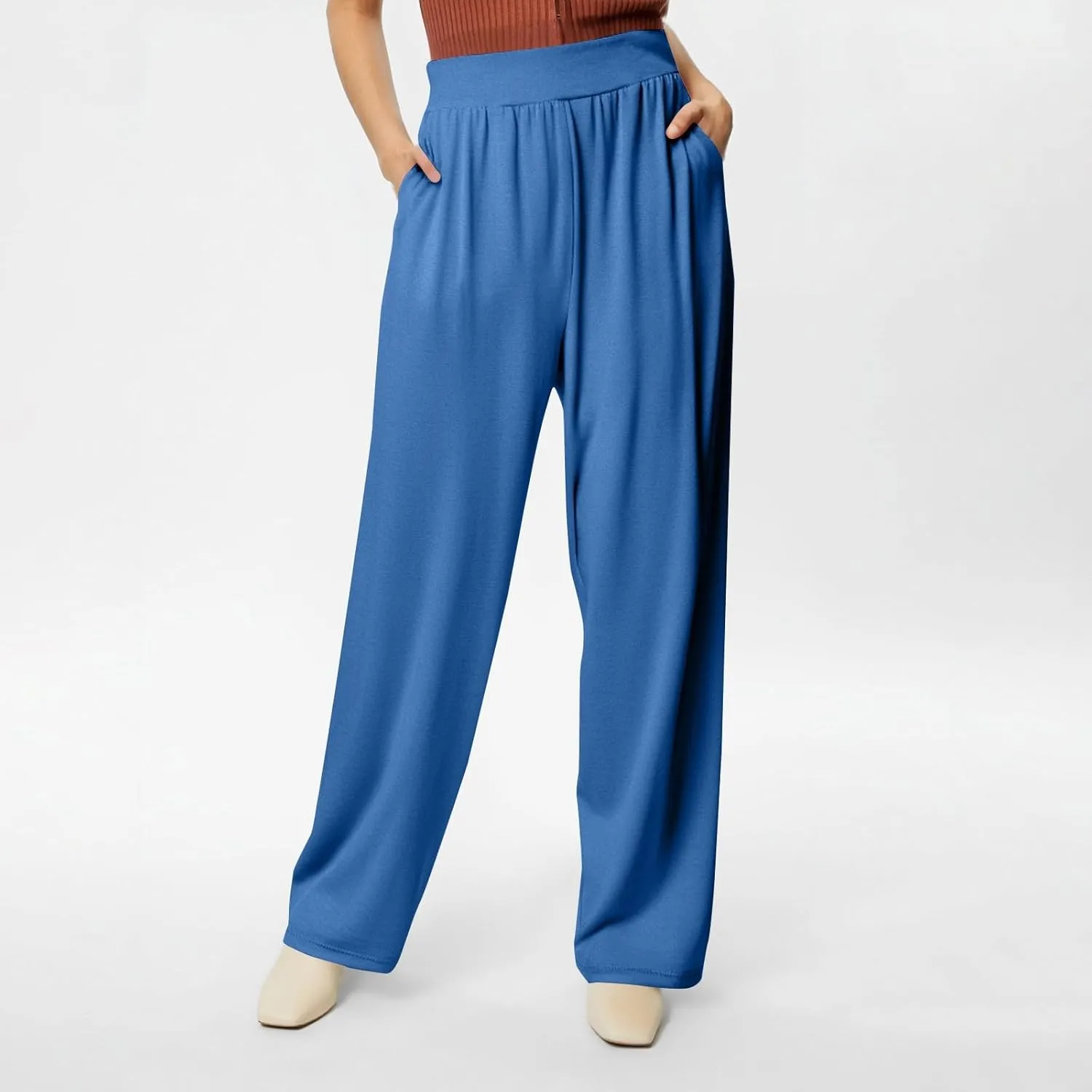 Women's Pants Wide Leg Long High Waisted Lounge Pants Stretchy Pleated Pull On Vacation Trousers with Pockets