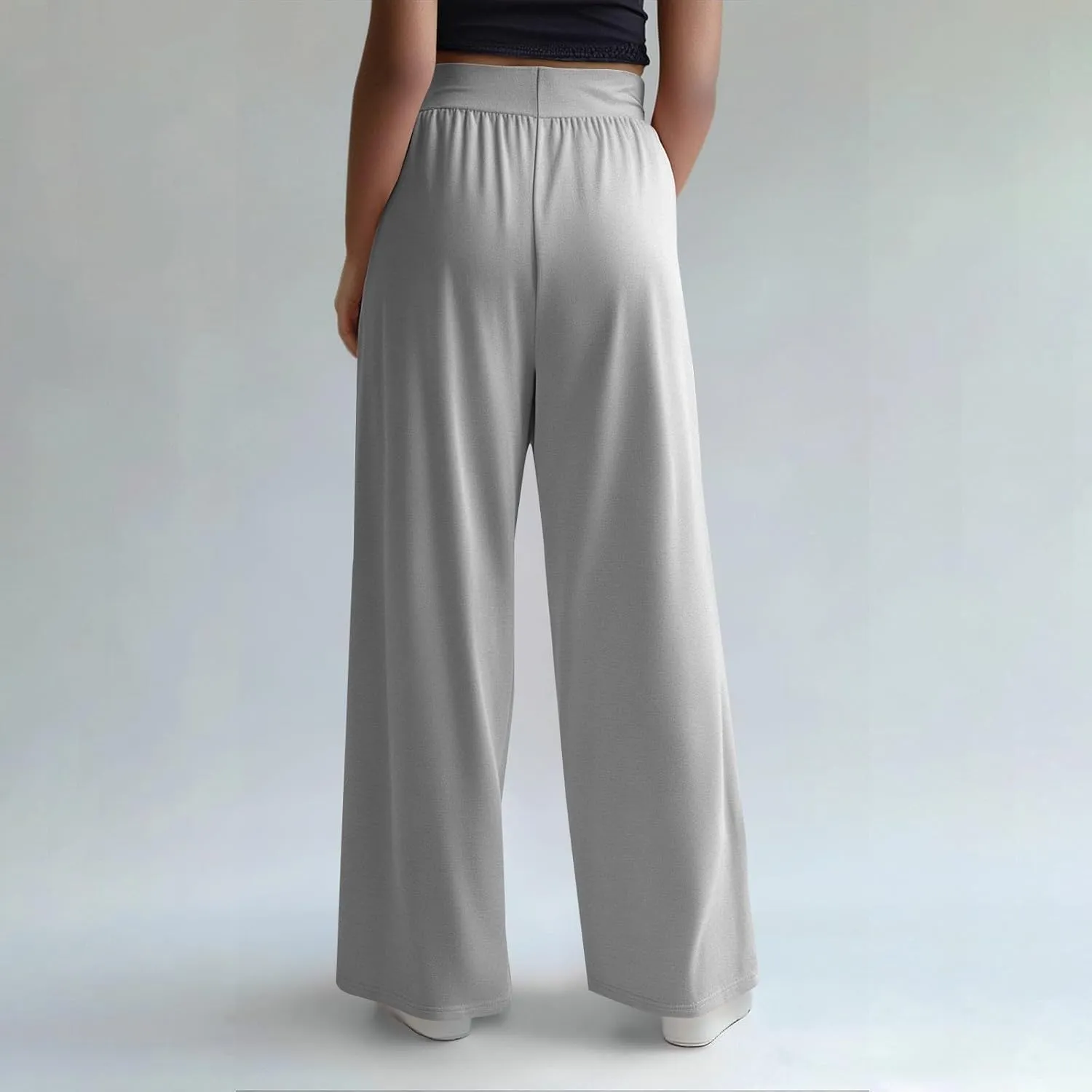 Women's Pants Wide Leg Long High Waisted Lounge Pants Stretchy Pleated Pull On Vacation Trousers with Pockets