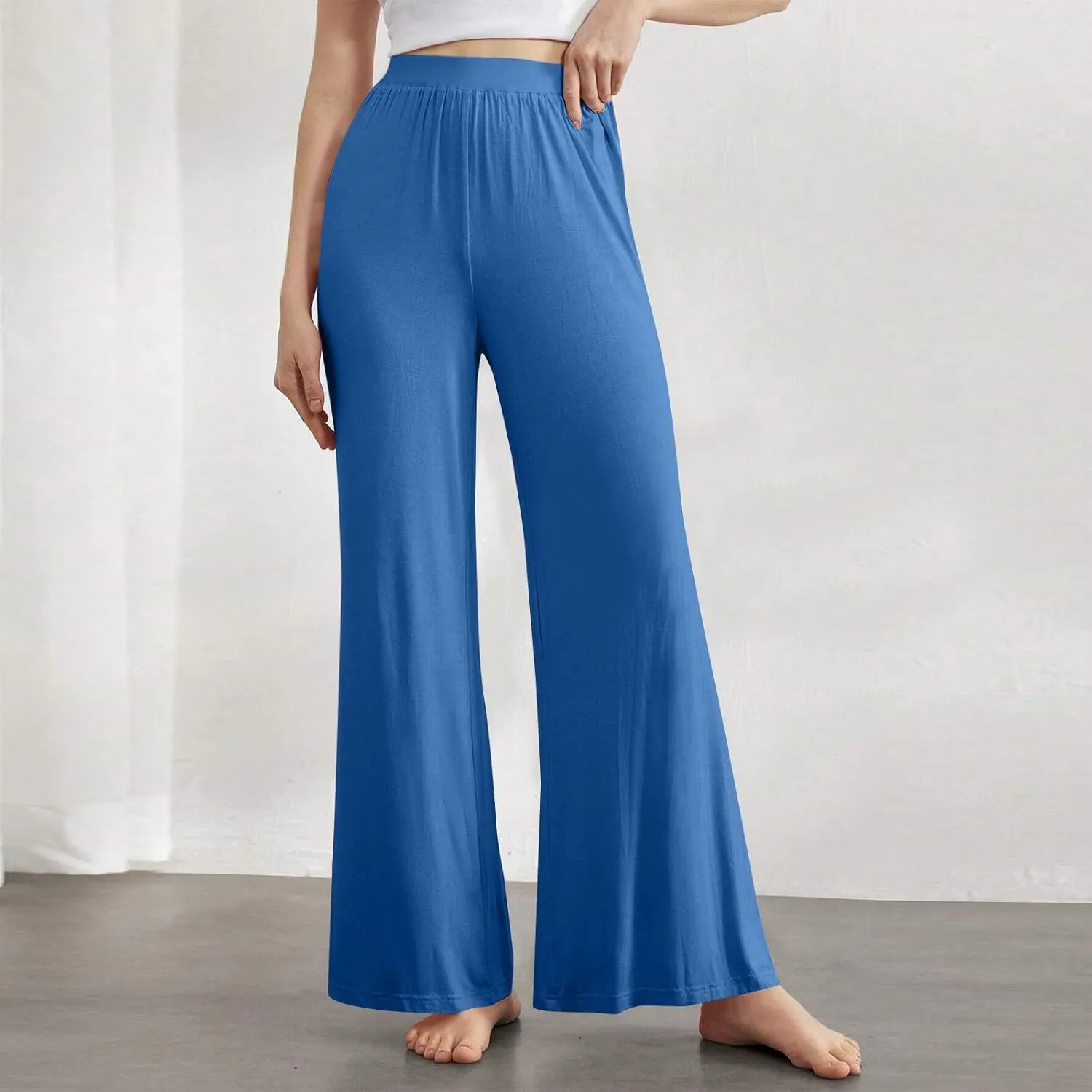 Women's Pants Wide Leg Long High Waisted Lounge Pants Stretchy Pleated Pull On Vacation Trousers with Pockets