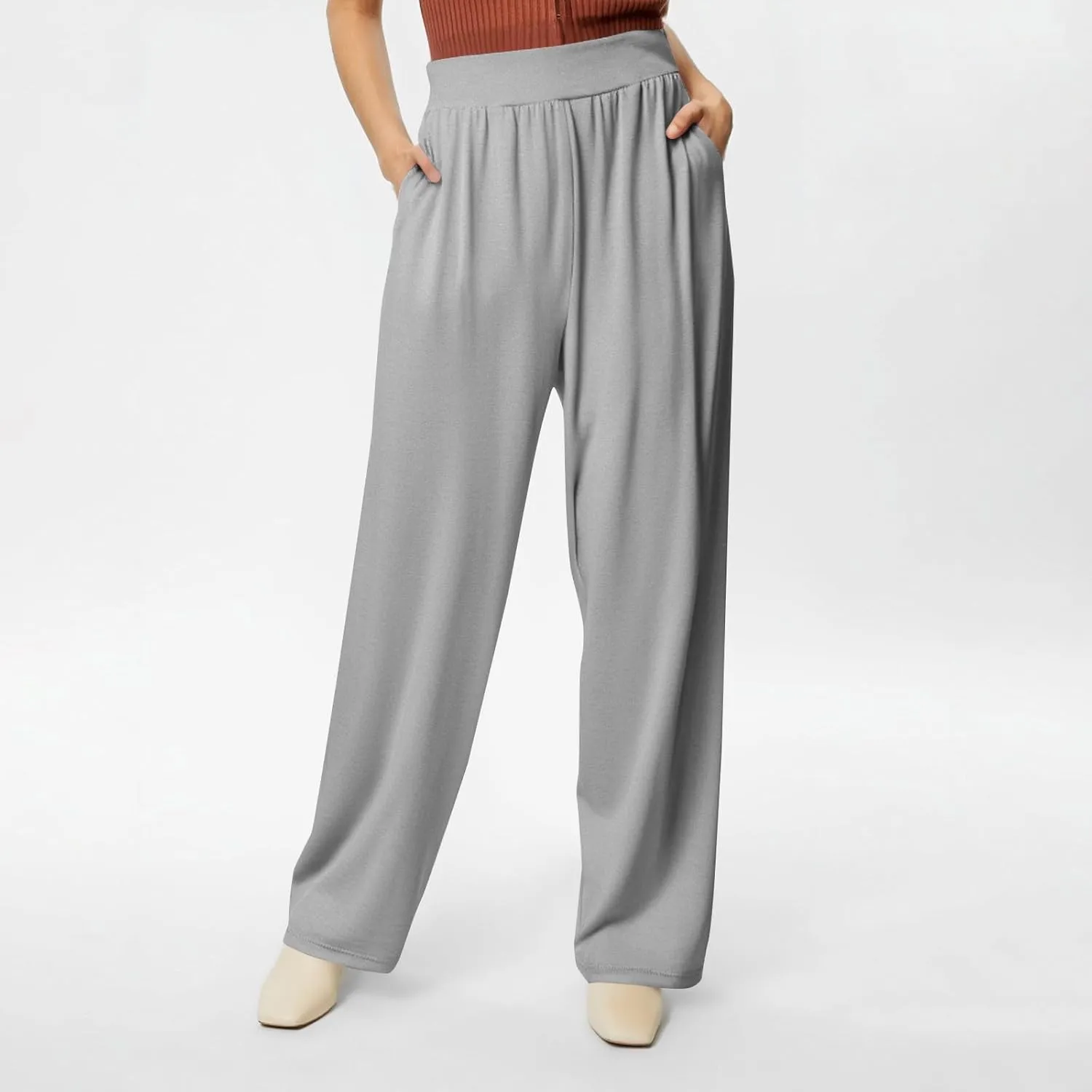 Women's Pants Wide Leg Long High Waisted Lounge Pants Stretchy Pleated Pull On Vacation Trousers with Pockets