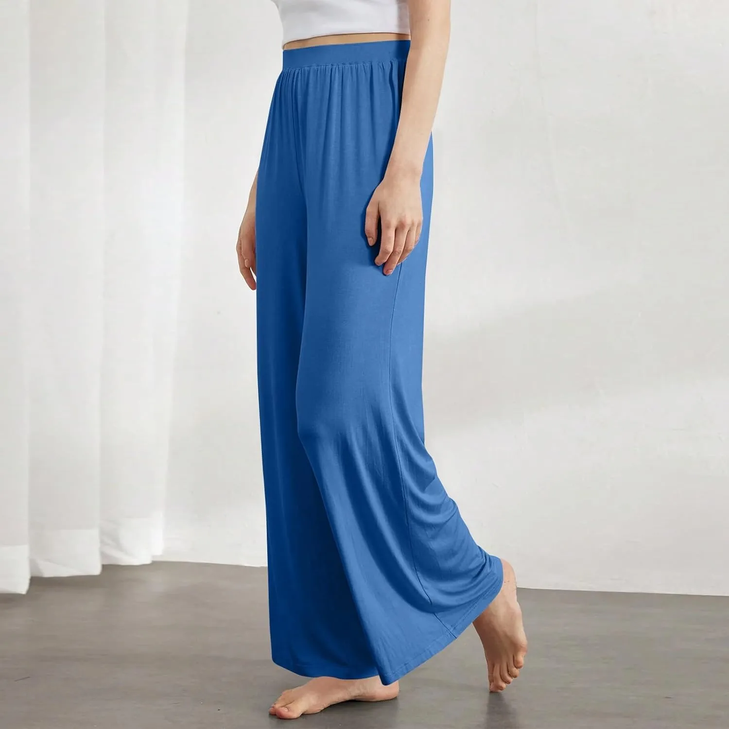 Women's Pants Wide Leg Long High Waisted Lounge Pants Stretchy Pleated Pull On Vacation Trousers with Pockets