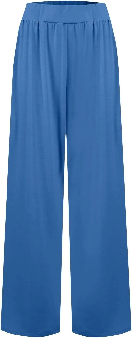 Women's Pants Wide Leg Long High Waisted Lounge Pants Stretchy Pleated Pull On Vacation Trousers with Pockets