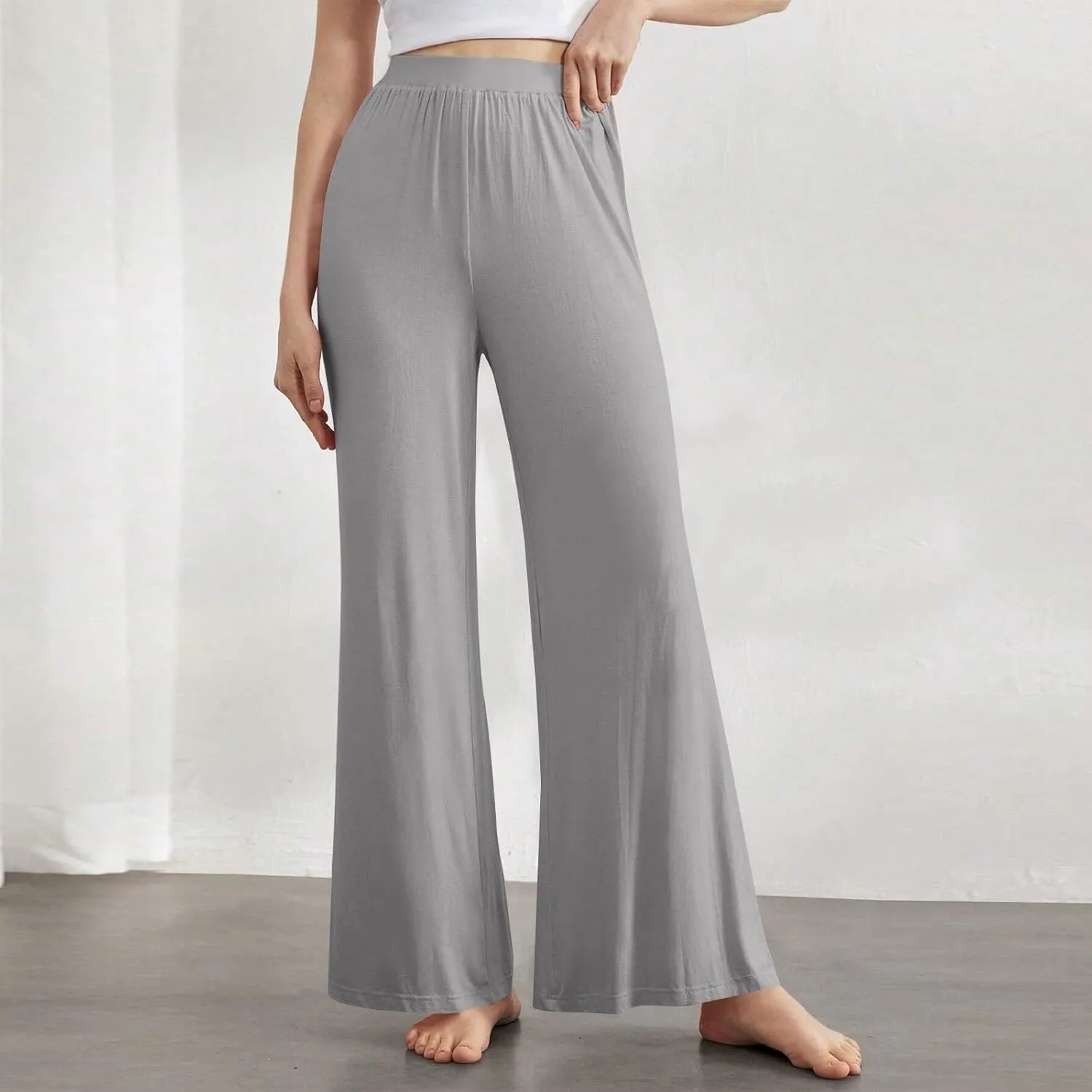 Women's Pants Wide Leg Long High Waisted Lounge Pants Stretchy Pleated Pull On Vacation Trousers with Pockets