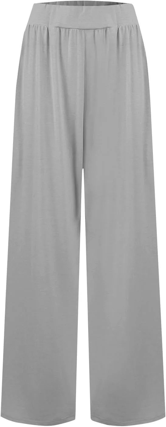 Women's Pants Wide Leg Long High Waisted Lounge Pants Stretchy Pleated Pull On Vacation Trousers with Pockets