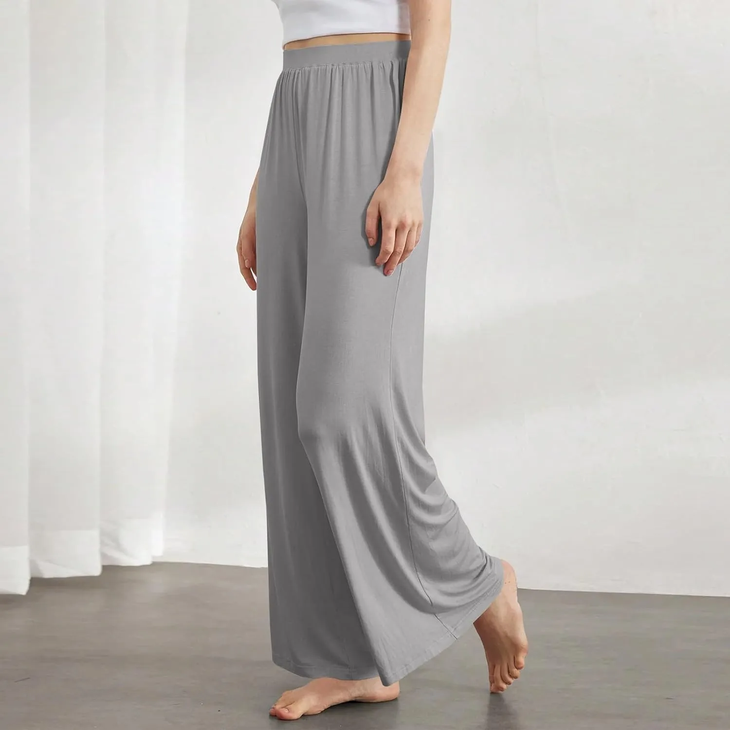 Women's Pants Wide Leg Long High Waisted Lounge Pants Stretchy Pleated Pull On Vacation Trousers with Pockets
