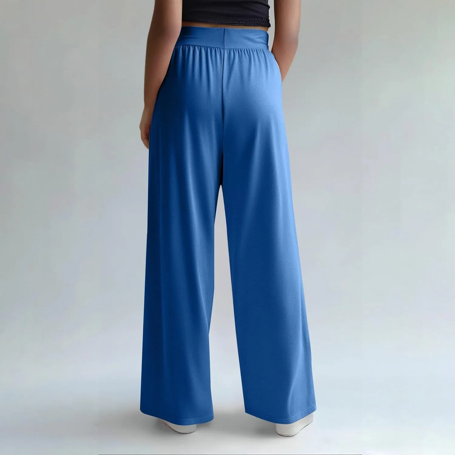 Women's Pants Wide Leg Long High Waisted Lounge Pants Stretchy Pleated Pull On Vacation Trousers with Pockets