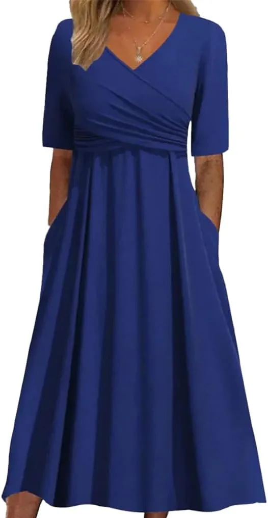 Womens Plain V Neck Short Sleeve Midi Dresses with Pockets Casual Crossover Flowy Ruffle Tunic A Line Wedding Dress