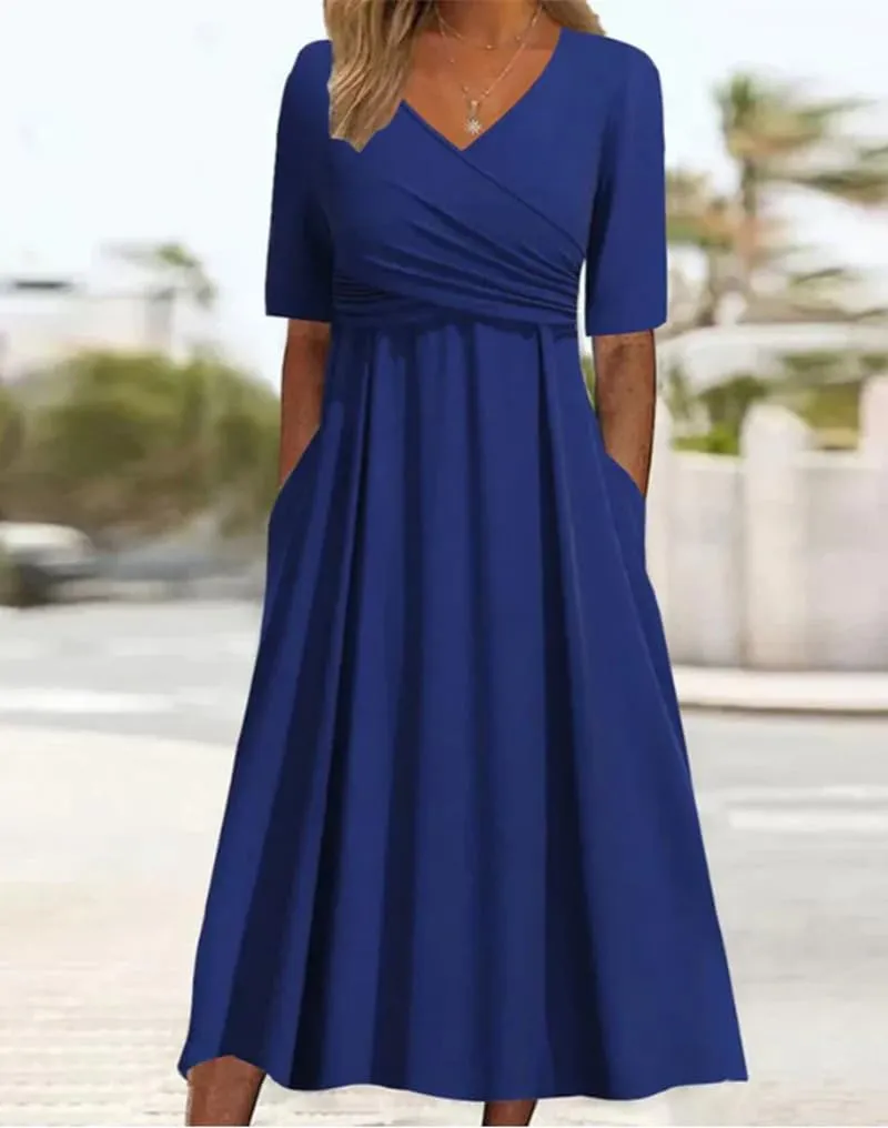 Womens Plain V Neck Short Sleeve Midi Dresses with Pockets Casual Crossover Flowy Ruffle Tunic A Line Wedding Dress
