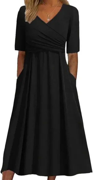 Womens Plain V Neck Short Sleeve Midi Dresses with Pockets Casual Crossover Flowy Ruffle Tunic A Line Wedding Dress