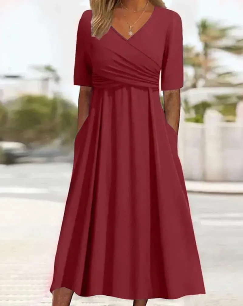 Womens Plain V Neck Short Sleeve Midi Dresses with Pockets Casual Crossover Flowy Ruffle Tunic A Line Wedding Dress