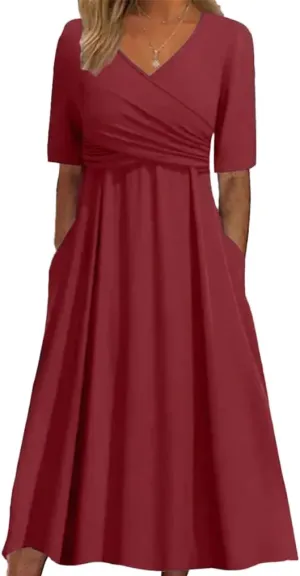Womens Plain V Neck Short Sleeve Midi Dresses with Pockets Casual Crossover Flowy Ruffle Tunic A Line Wedding Dress