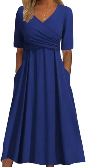 Womens Plain V Neck Short Sleeve Midi Dresses with Pockets Casual Crossover Flowy Ruffle Tunic A Line Wedding Dress