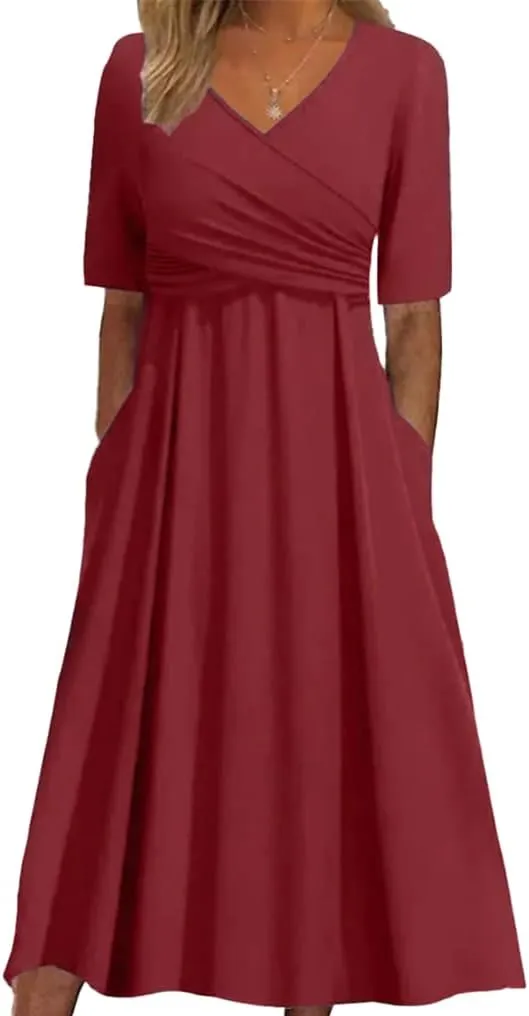 Womens Plain V Neck Short Sleeve Midi Dresses with Pockets Casual Crossover Flowy Ruffle Tunic A Line Wedding Dress