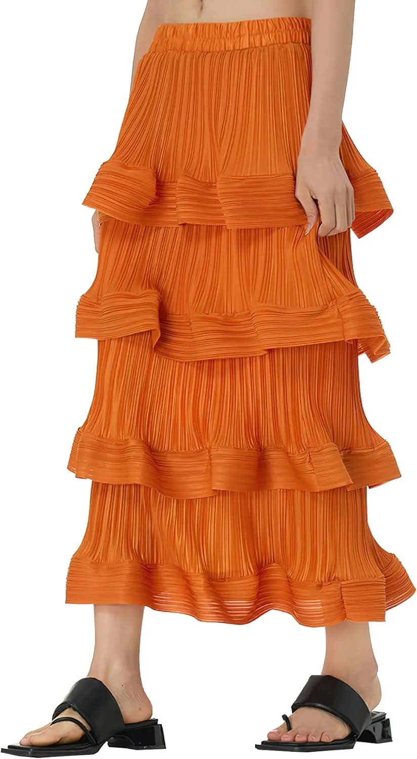 Women's Pleated High Waist Multilayer Ruffle Midi Skirts Fairy A-line Midi Skirts