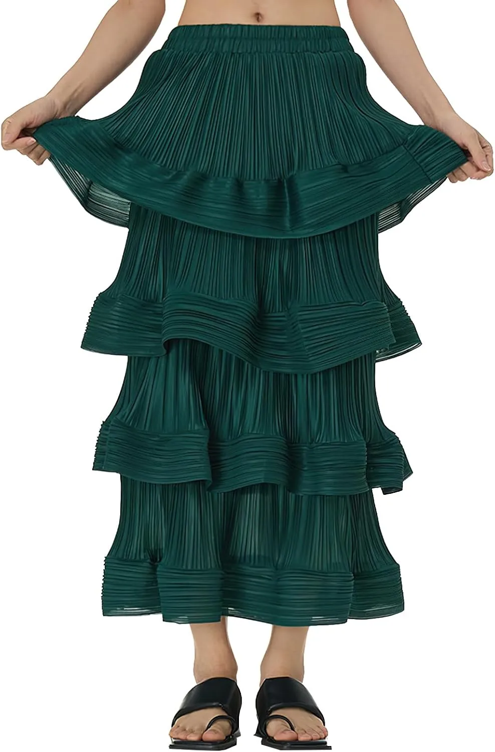 Women's Pleated High Waist Multilayer Ruffle Midi Skirts Fairy A-line Midi Skirts