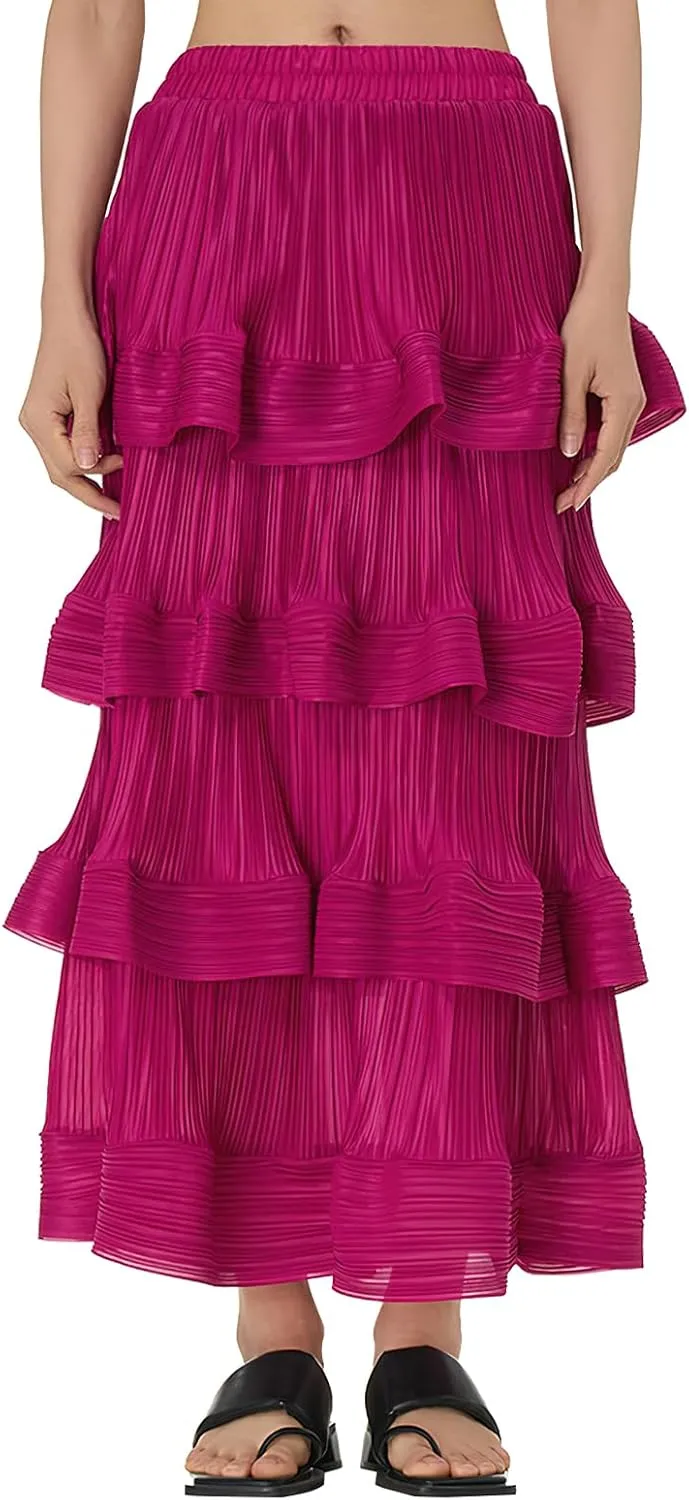 Women's Pleated High Waist Multilayer Ruffle Midi Skirts Fairy A-line Midi Skirts