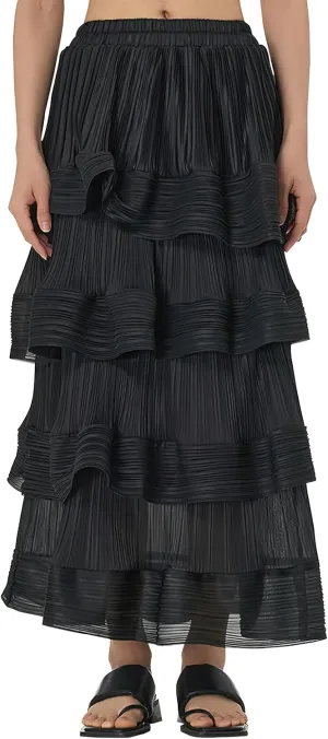 Women's Pleated High Waist Multilayer Ruffle Midi Skirts Fairy A-line Midi Skirts