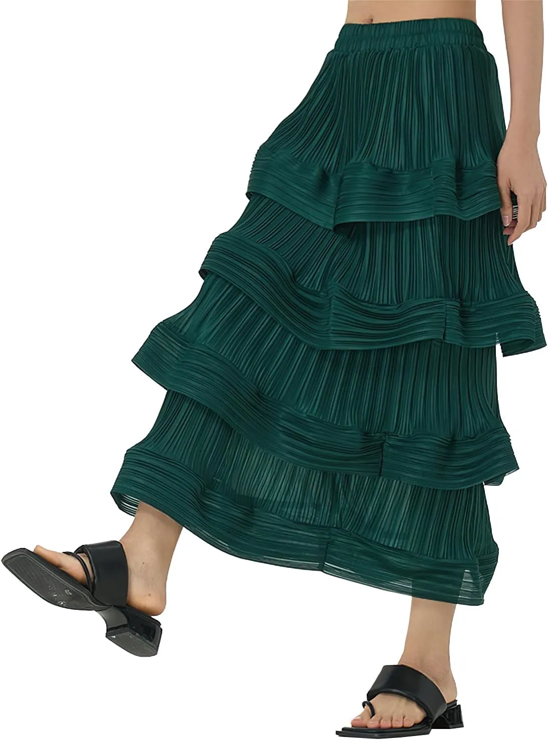 Women's Pleated High Waist Multilayer Ruffle Midi Skirts Fairy A-line Midi Skirts