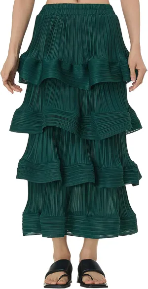 Women's Pleated High Waist Multilayer Ruffle Midi Skirts Fairy A-line Midi Skirts