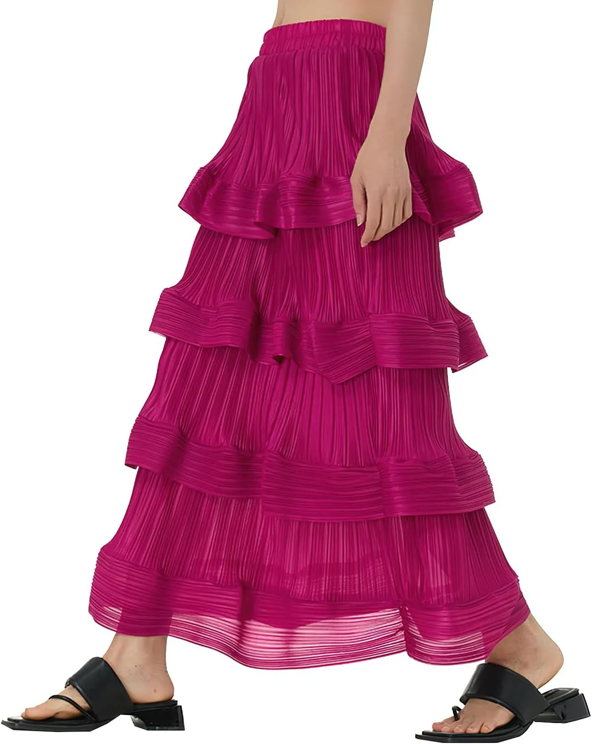 Women's Pleated High Waist Multilayer Ruffle Midi Skirts Fairy A-line Midi Skirts