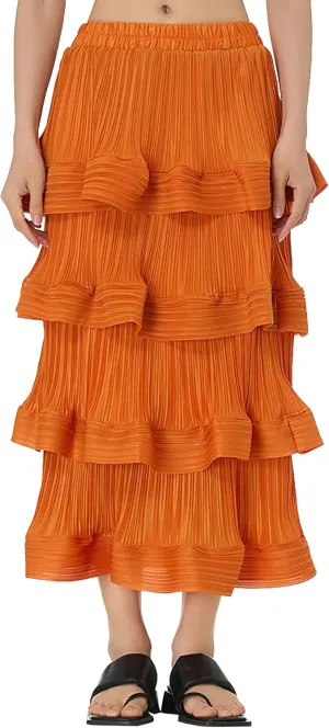 Women's Pleated High Waist Multilayer Ruffle Midi Skirts Fairy A-line Midi Skirts
