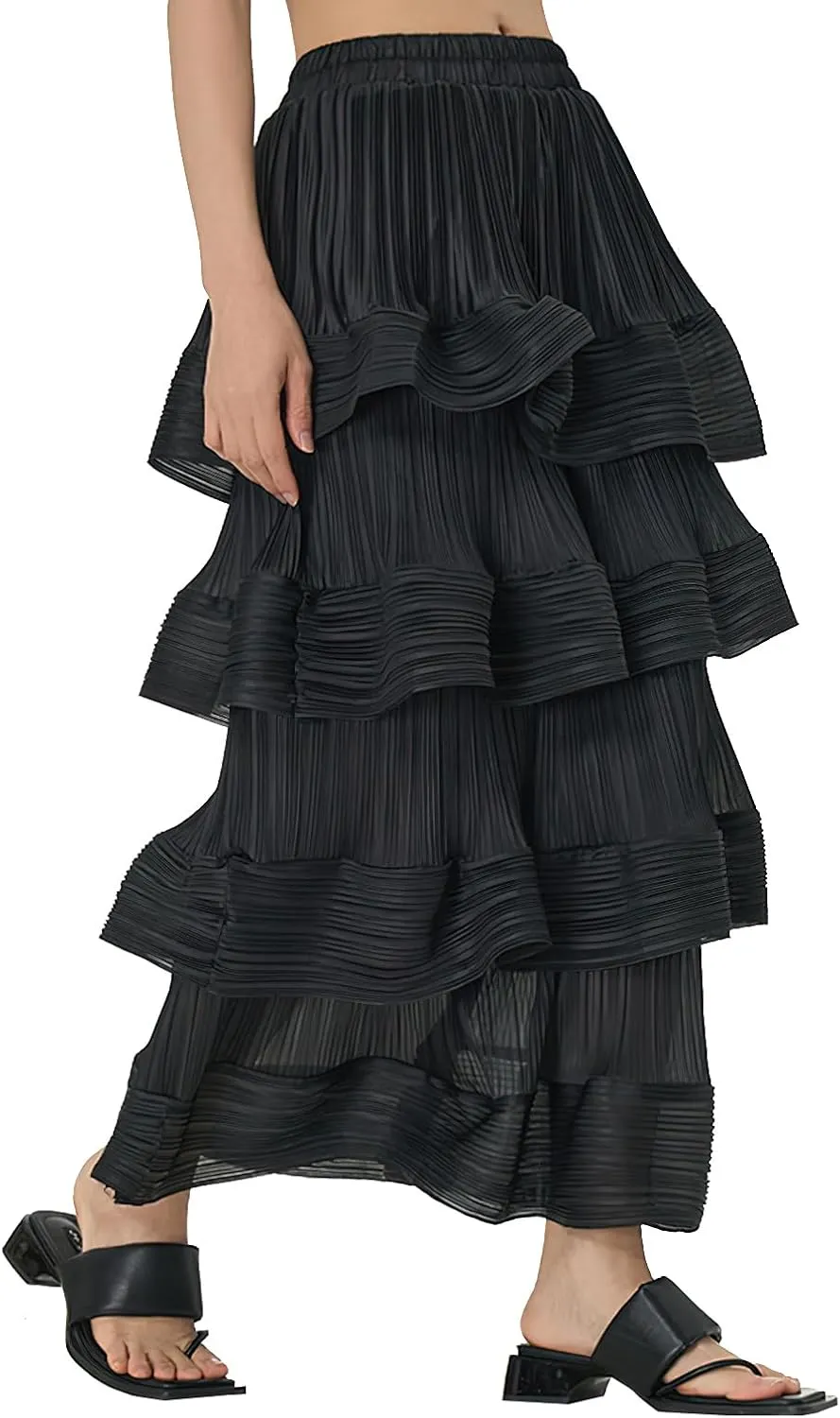Women's Pleated High Waist Multilayer Ruffle Midi Skirts Fairy A-line Midi Skirts