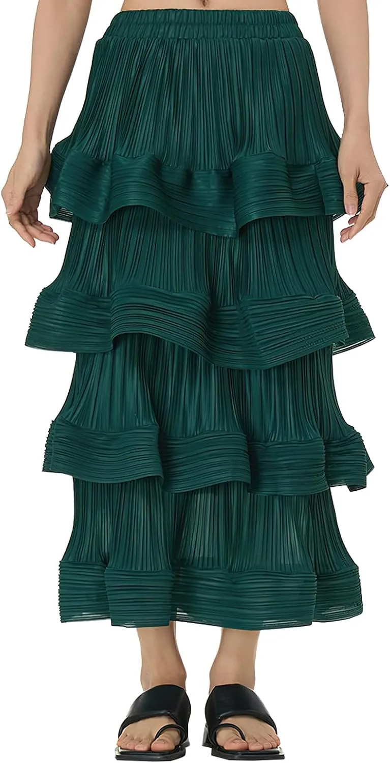 Women's Pleated High Waist Multilayer Ruffle Midi Skirts Fairy A-line Midi Skirts