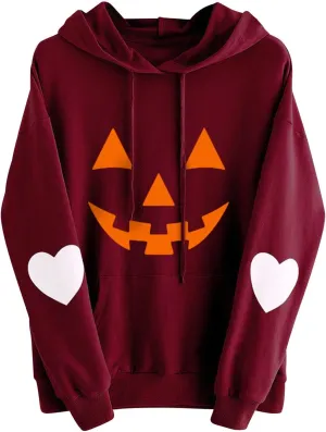 Womens Plus Size Halloween Hoodies Funny Pumpkin Printed Hooded Sweatshirts with Pocket Long Sleeve Oversized Shirts