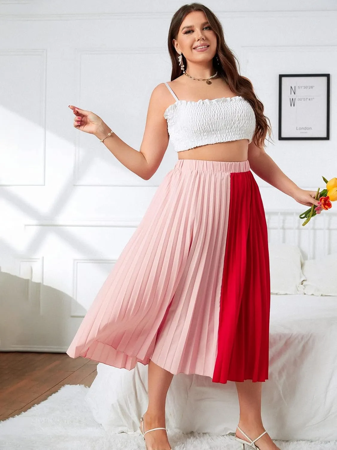 Womens Plus Size Pleated Skirt High Waist, Midi Flowy A-Line Colorblock Long Skirts for Women Trendy Summer