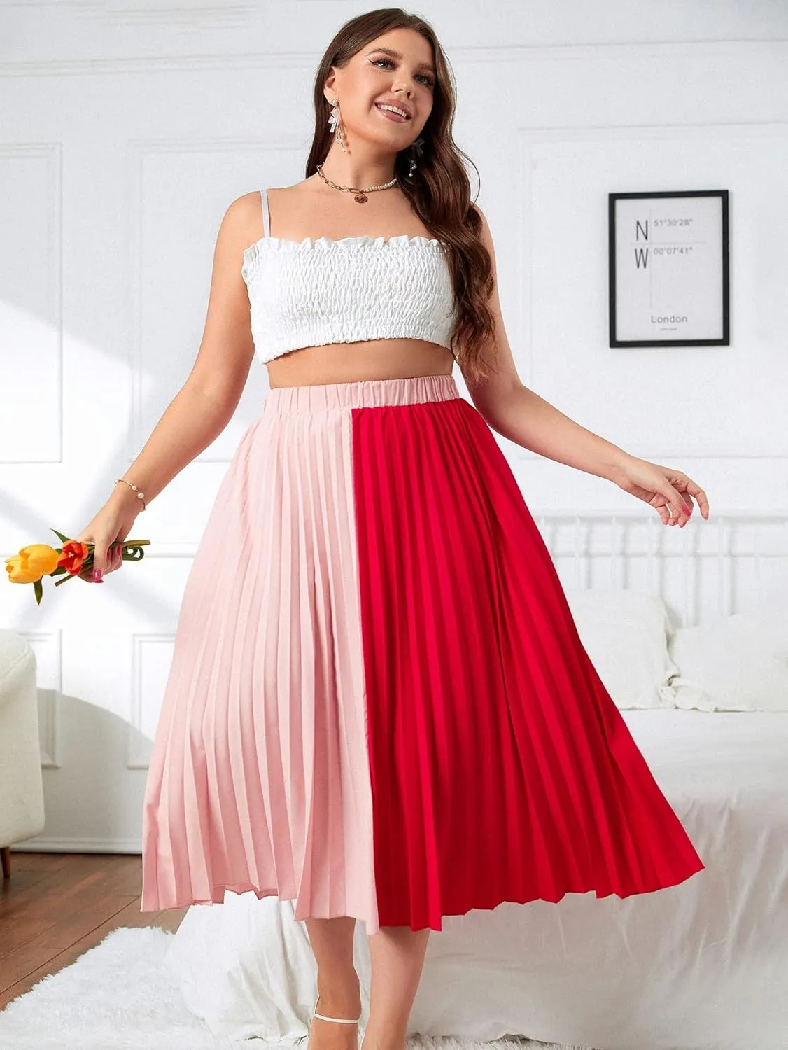 Womens Plus Size Pleated Skirt High Waist, Midi Flowy A-Line Colorblock Long Skirts for Women Trendy Summer