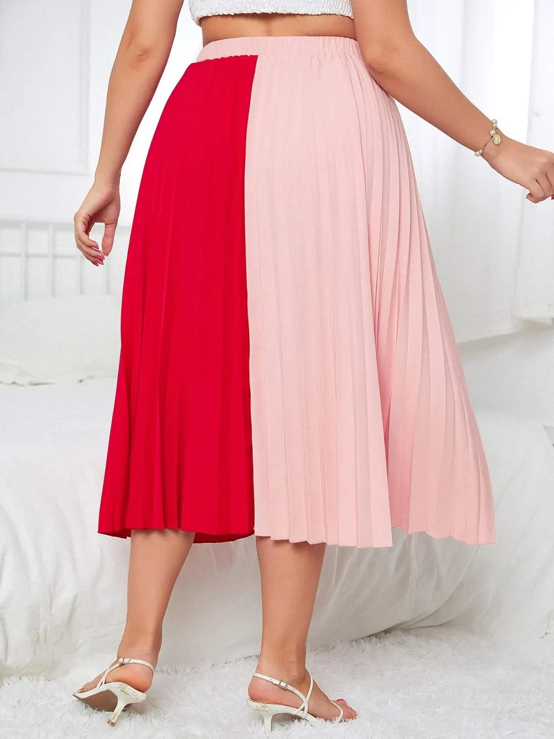Womens Plus Size Pleated Skirt High Waist, Midi Flowy A-Line Colorblock Long Skirts for Women Trendy Summer