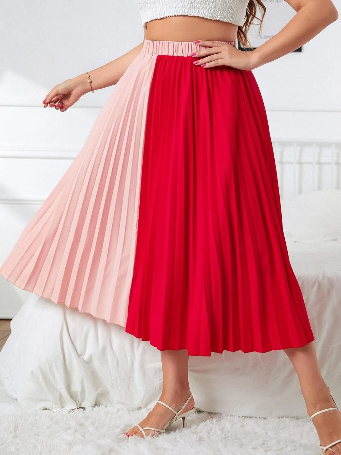 Womens Plus Size Pleated Skirt High Waist, Midi Flowy A-Line Colorblock Long Skirts for Women Trendy Summer