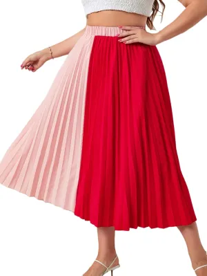 Womens Plus Size Pleated Skirt High Waist, Midi Flowy A-Line Colorblock Long Skirts for Women Trendy Summer